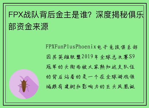 FPX战队背后金主是谁？深度揭秘俱乐部资金来源